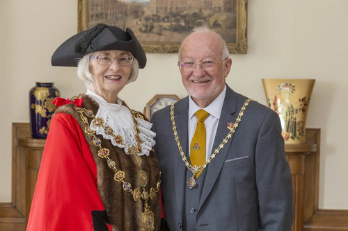 The Mayor of Chesterfield Cllr Glenys Falconer, with her consort Cllr Keith Falconer