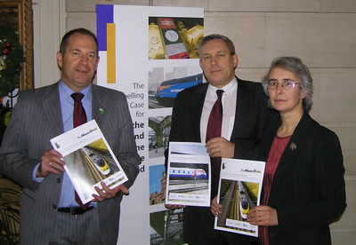 Photo shows Paul Scriven, Paul Holmes (then MP for Chesterfield) and Lucy Care at the lobby for the electrification of Midland Main Line in December 2009 in Westminster.