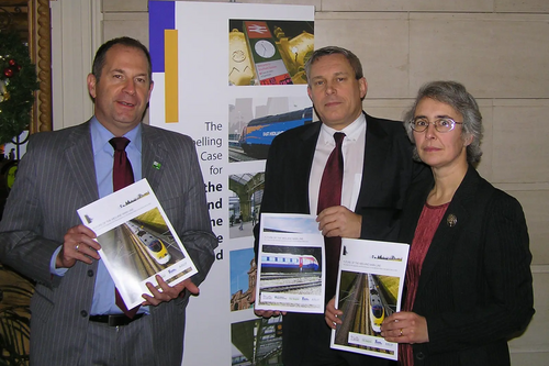 Photo shows Paul Scriven, Paul Holmes (then MP for Chesterfield) and Lucy Care at the lobby for the electrification of Midland Main Line in December 2009 in Westminster.